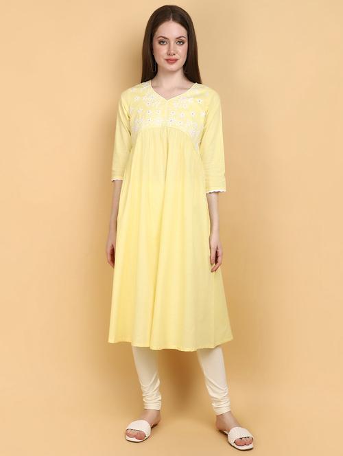 women yellow v neck a-line kurta - 20929220 -  Standard Image - 0