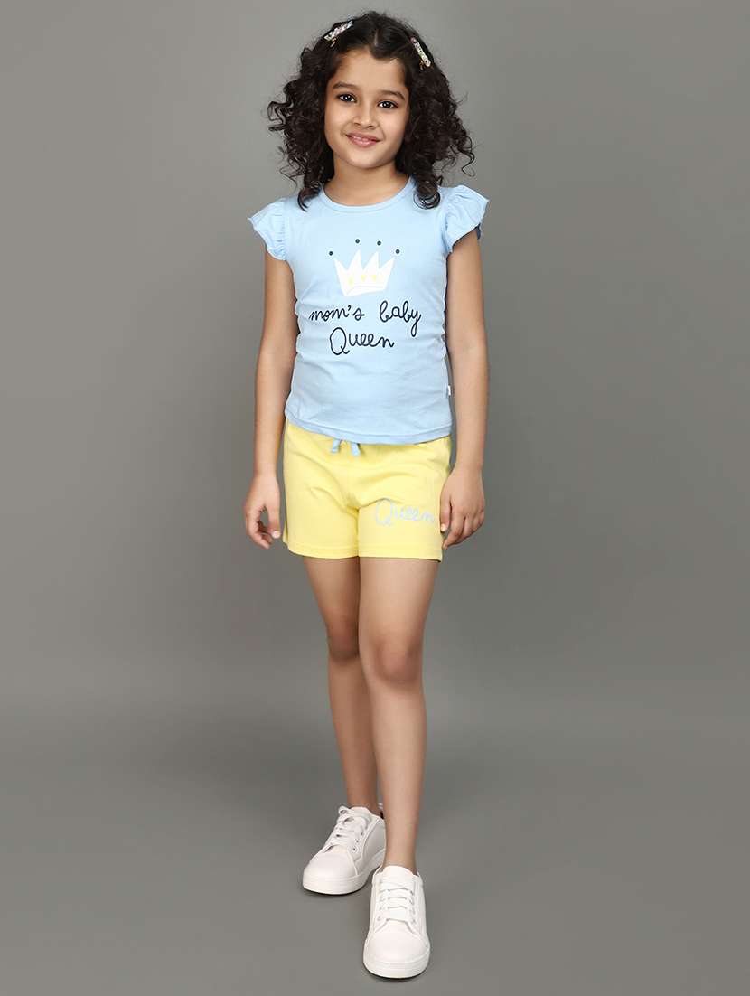 girls round neck printed shorts set