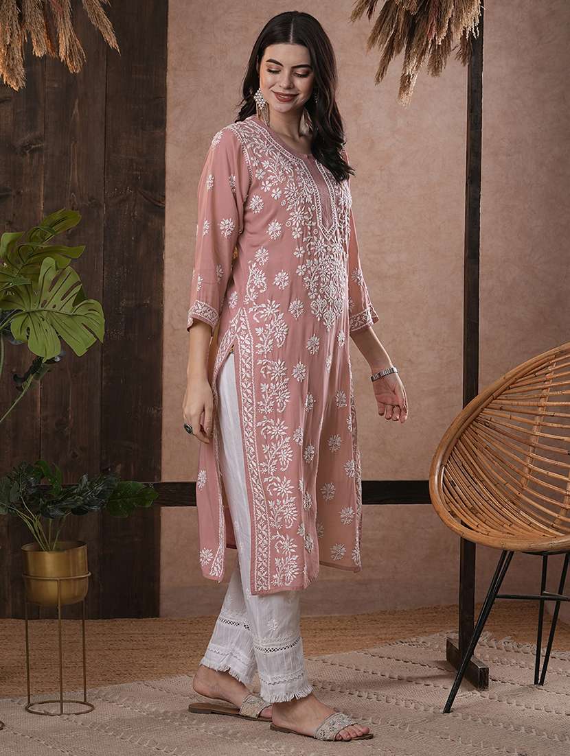 notch neck chikankari work straight kurta - 20929359 - Standard Image - 1