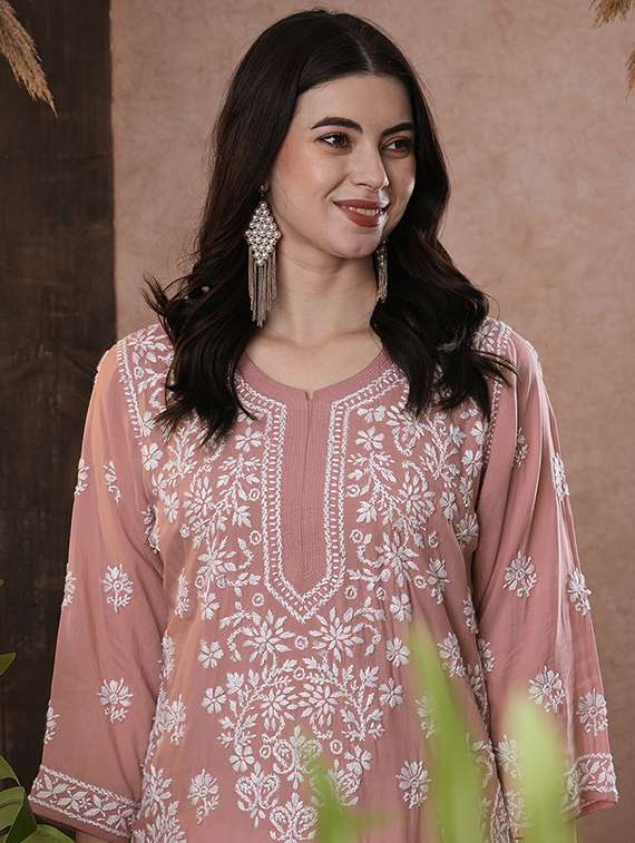 notch neck chikankari work straight kurta - 20929359 - Standard Image - 4
