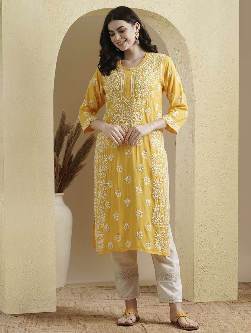 notch neck chikankari work straight kurta - 20929361 -  Standard Image - 1