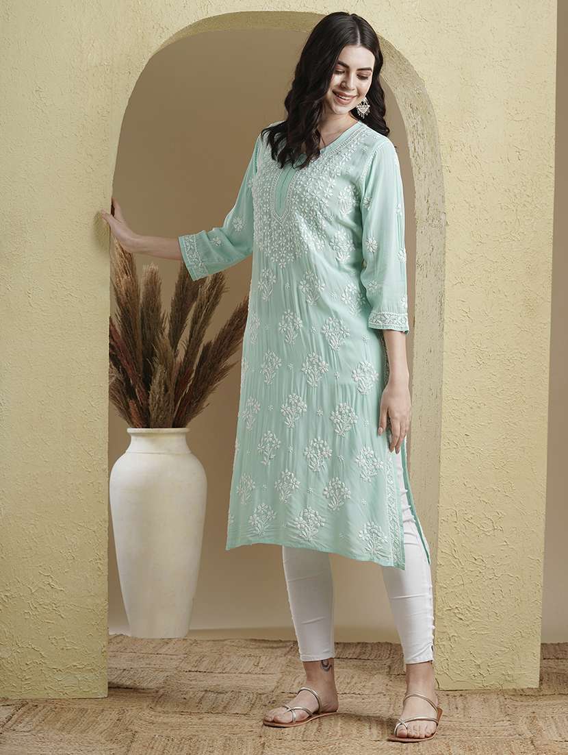 notch neck chikankari work straight kurta - 20929364 -  Standard Image - 1