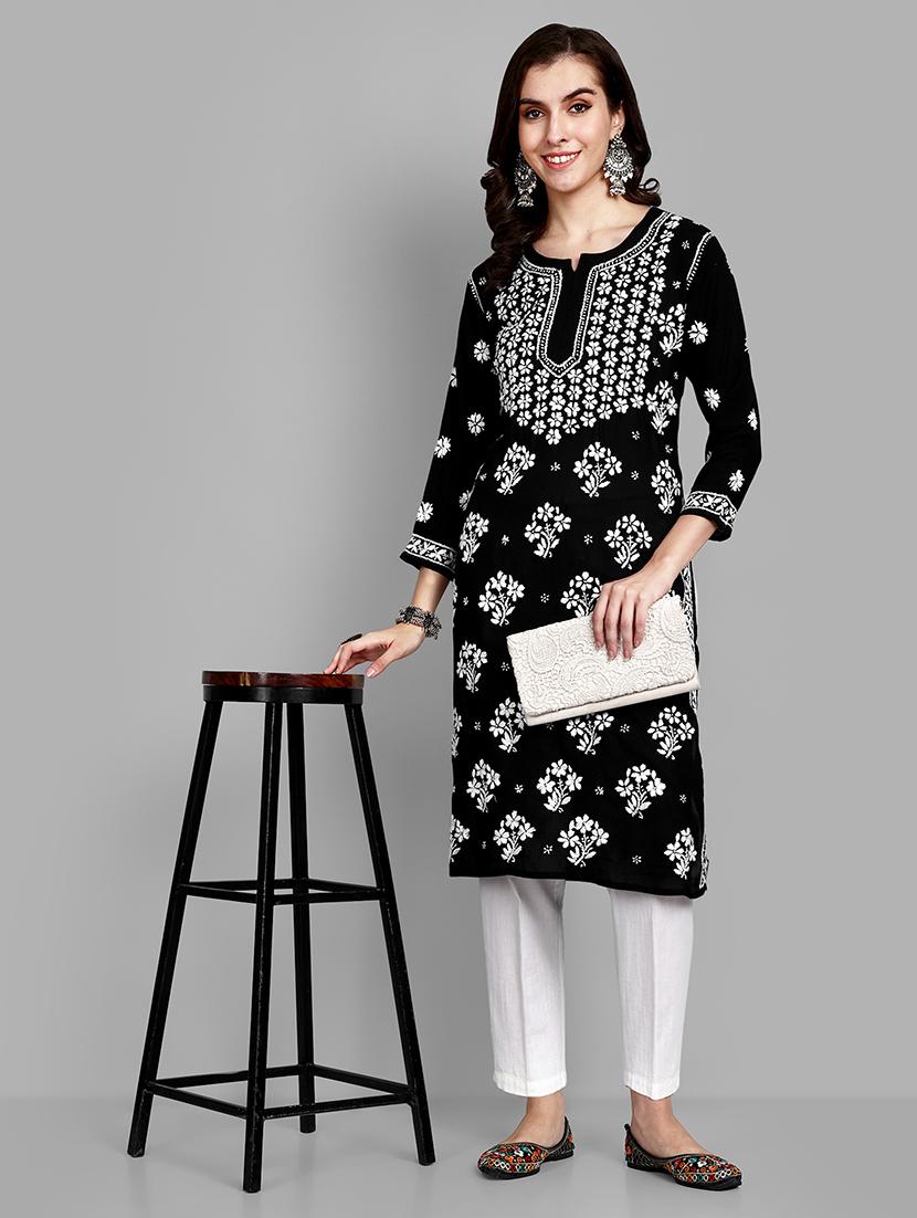 notch neck chikankari work straight kurta