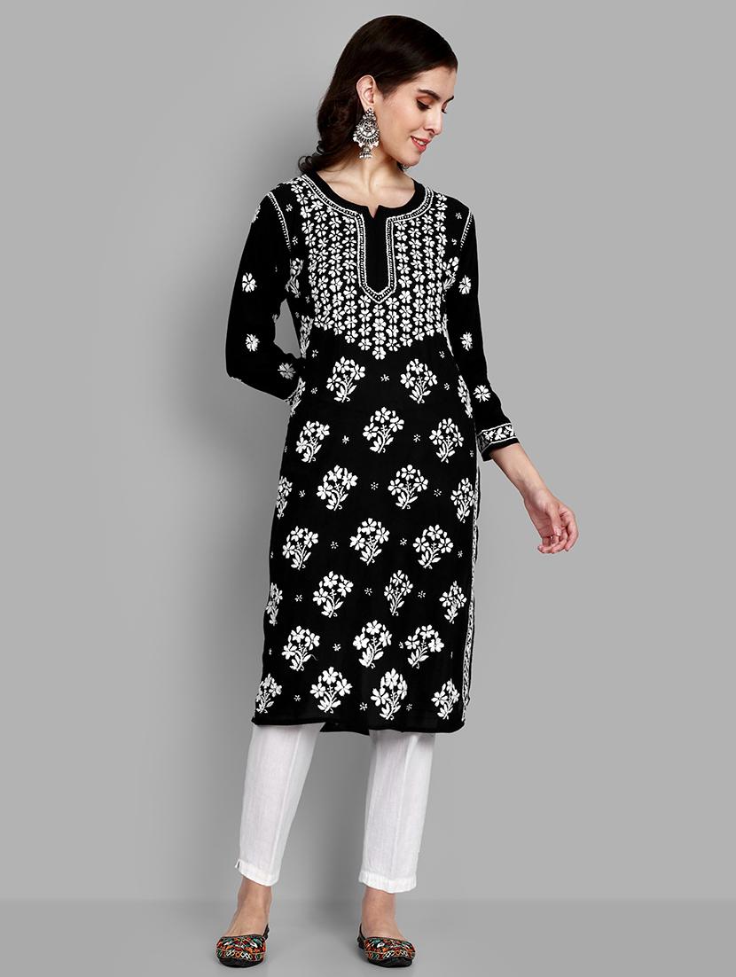 notch neck chikankari work straight kurta - 20929366 -  Standard Image - 1