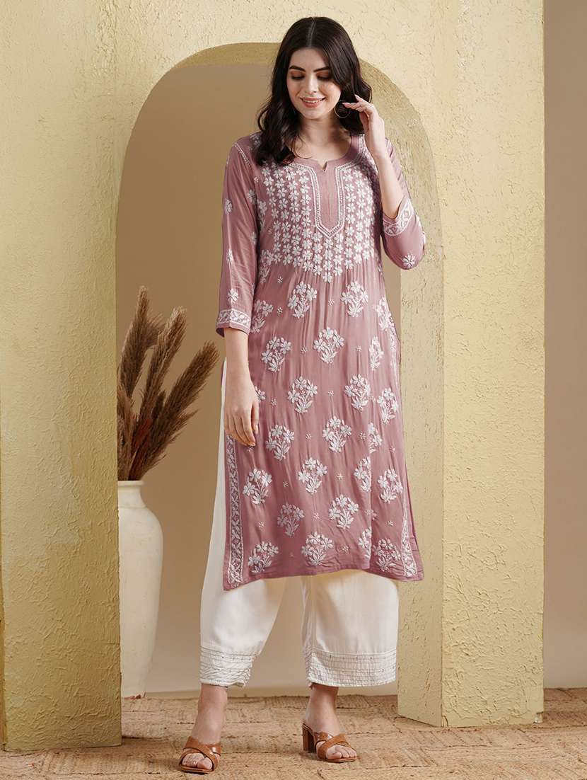 notch neck chikankari work straight kurta - 20929368 - Standard Image - 1