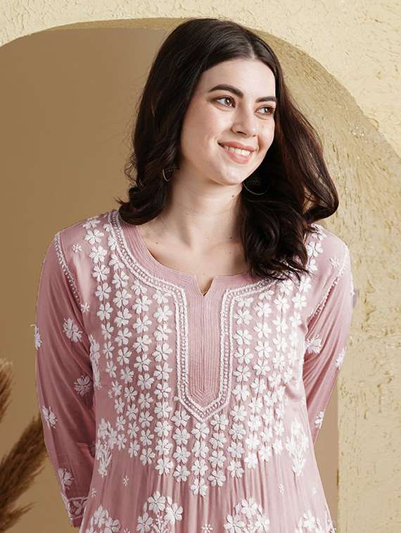 notch neck chikankari work straight kurta - 20929368 - Standard Image - 4