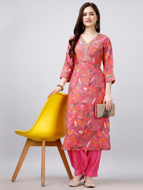 women pink v neck kurta salwar set - 20929877 -  Standard Image - 0