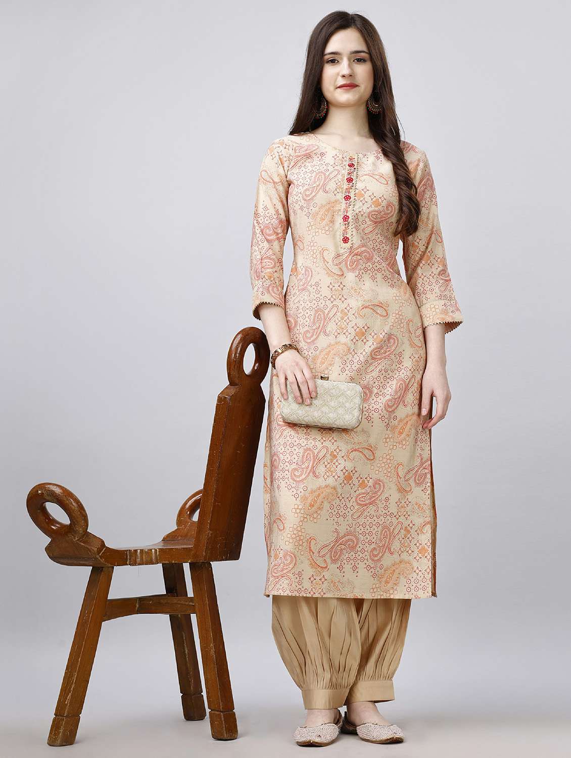 women beige round neck kurta salwar set