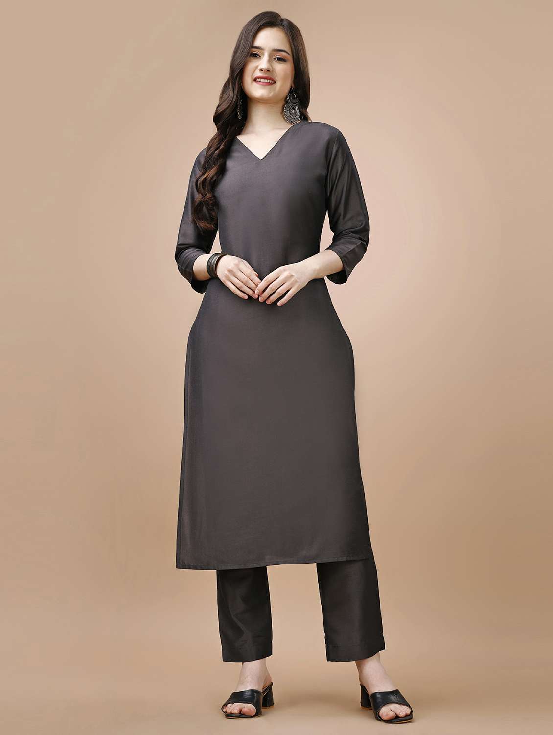 women taupe solid v neck kurta pant set - 20929886 -  Standard Image - 1