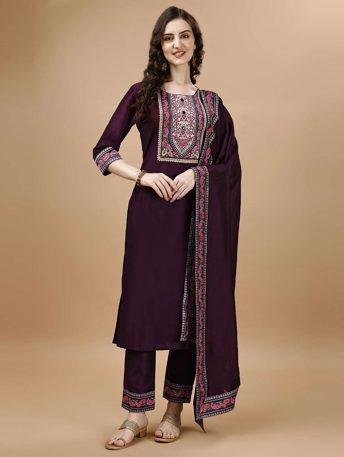 women three quarter sleeve kurta pant with dupatta set
