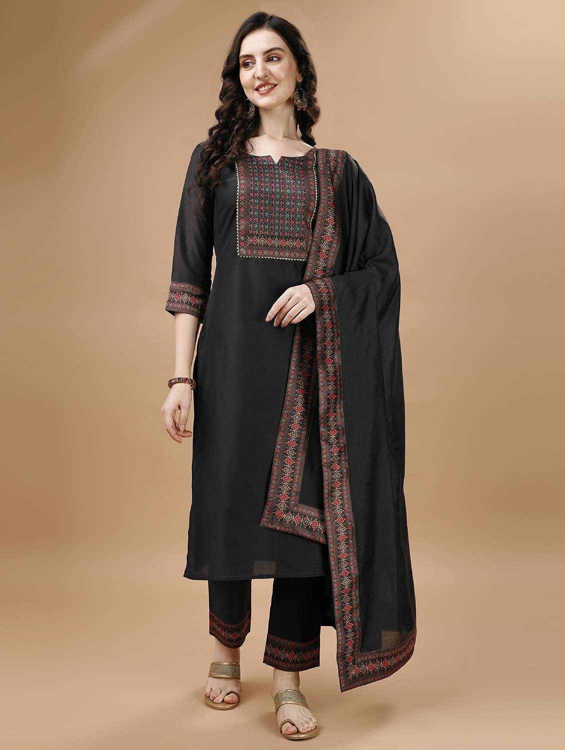 women placement print kurta pant set with dupatta