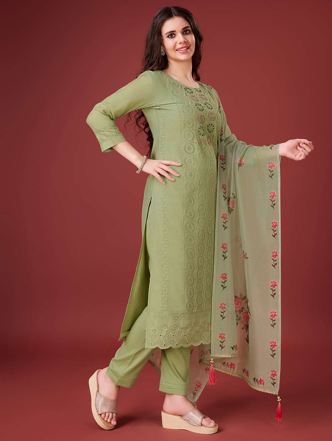 women round neck kurta pant set with dupatta set - 20929900 - Standard Image - 1