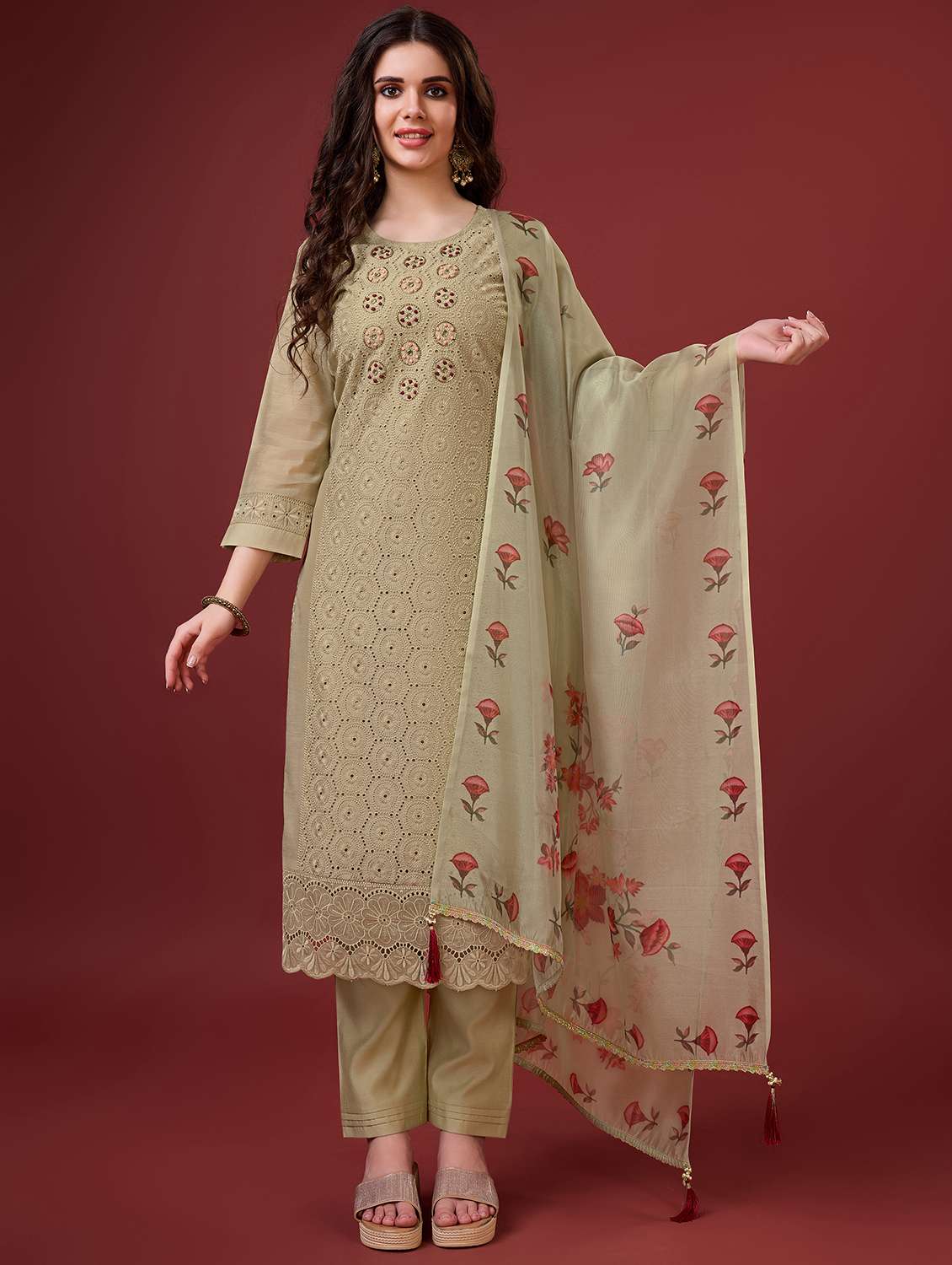 women beige round neck kurta pant set with dupatta set