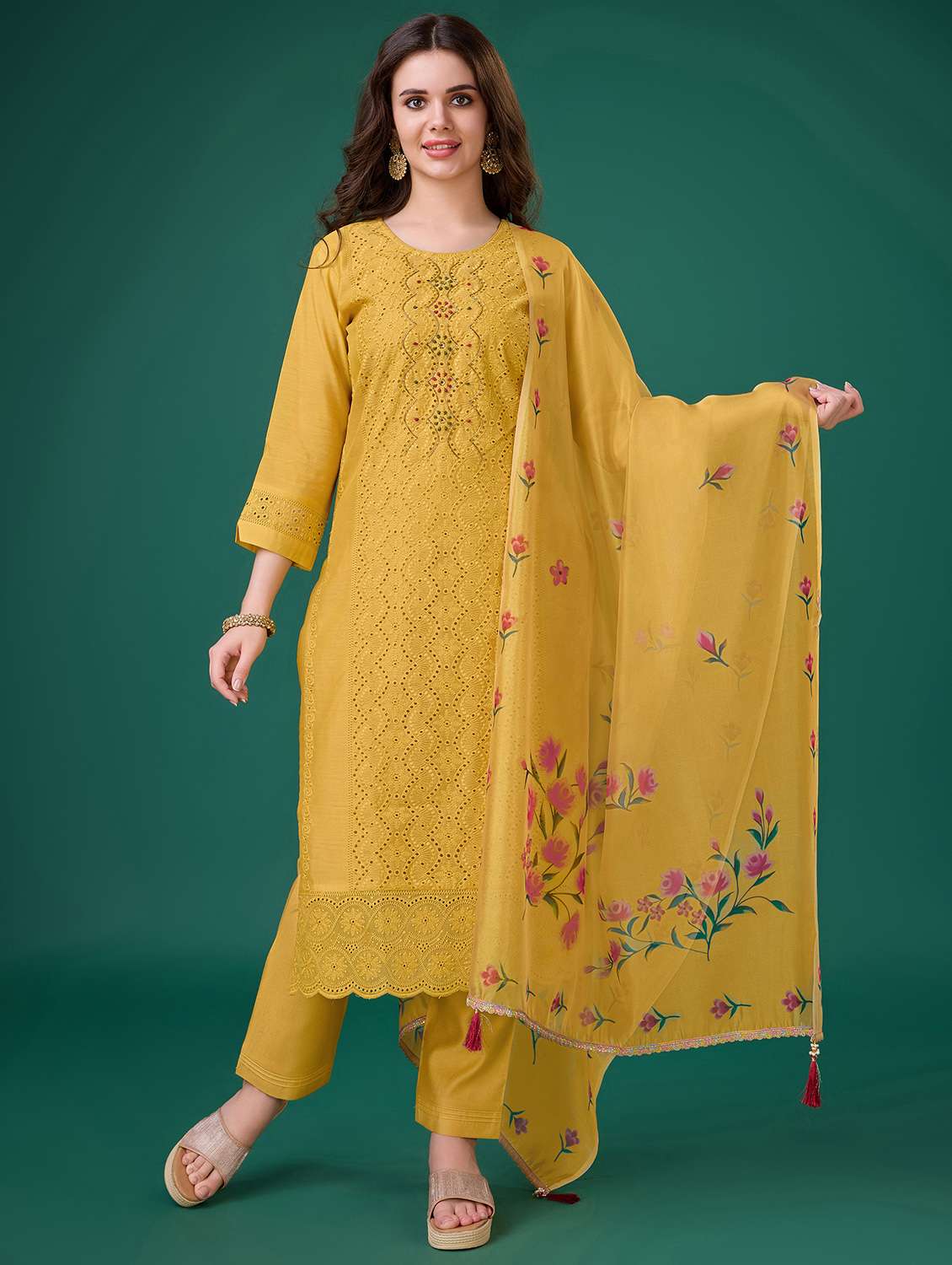 women yellow round neck kurta pant set with dupatta set