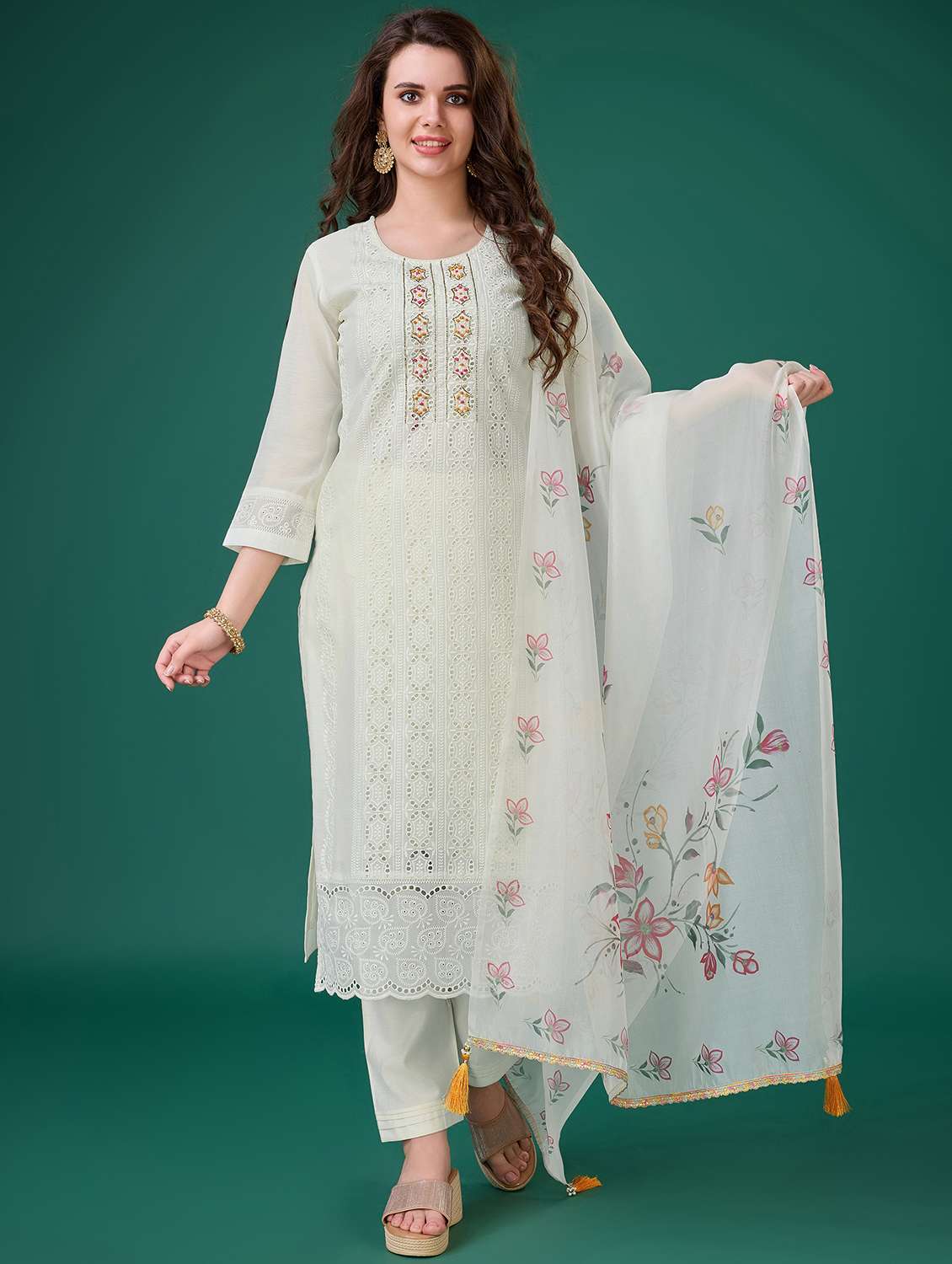 women three quarter sleeve kurta pant with dupatta set
