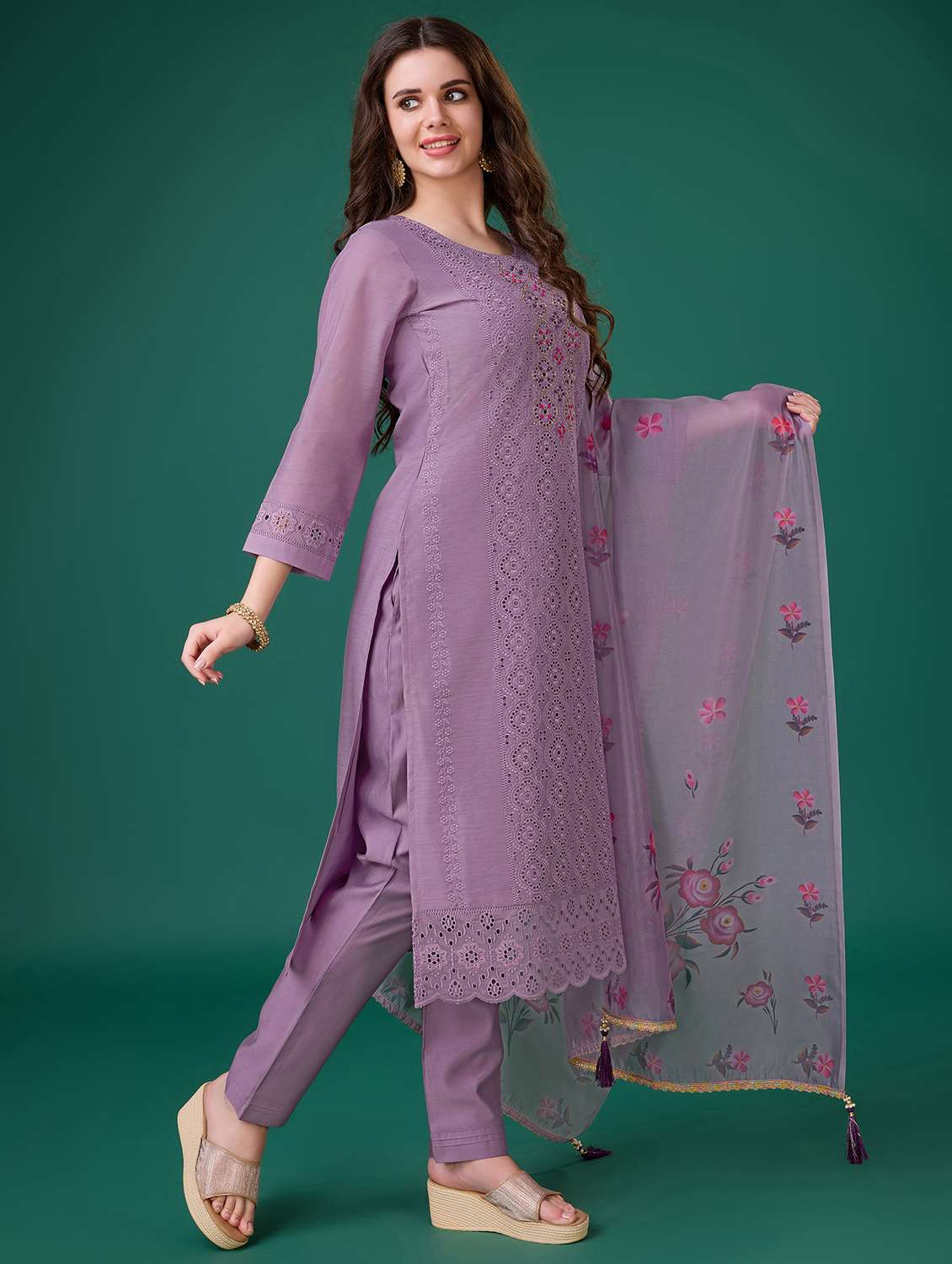 women lavender round neck kurta pant set with dupatta - 20929906 -  Standard Image - 1