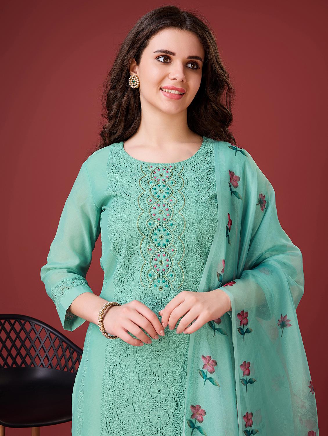 women sea green round neck kurta pant set with dupatta set - 20929908 - Standard Image - 4