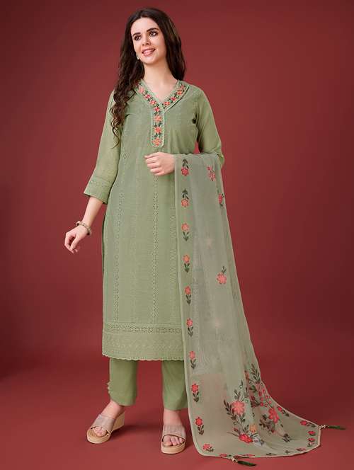 women green v neck kurta pant set with dupatta set - 20929909 -  Standard Image - 0