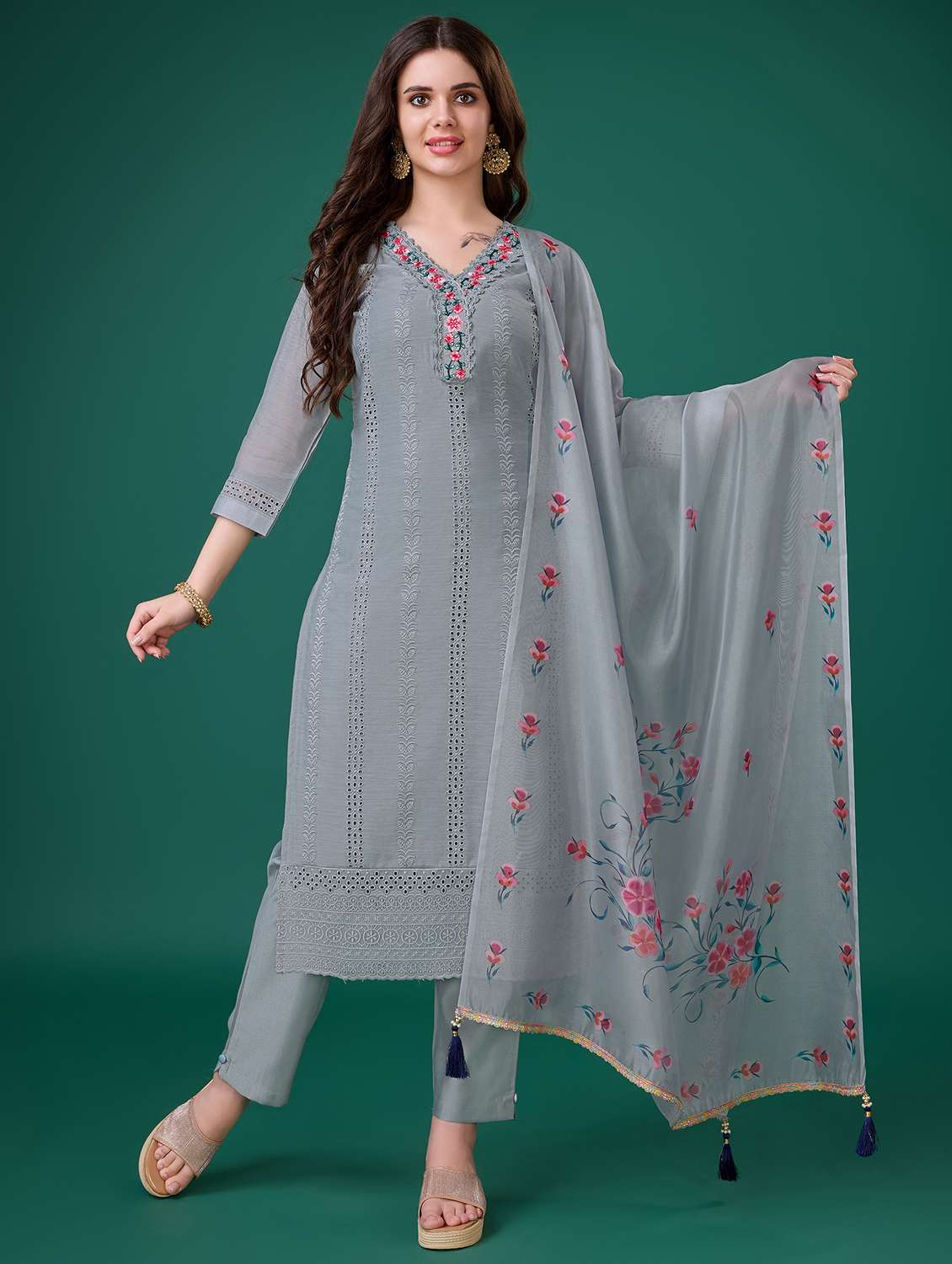 women three quarter sleeve kurta pant with dupatta set