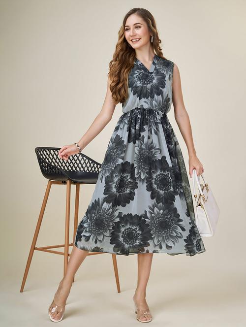 women grey florals printed fit & flare dress - 20929918 - Standard Image - 0