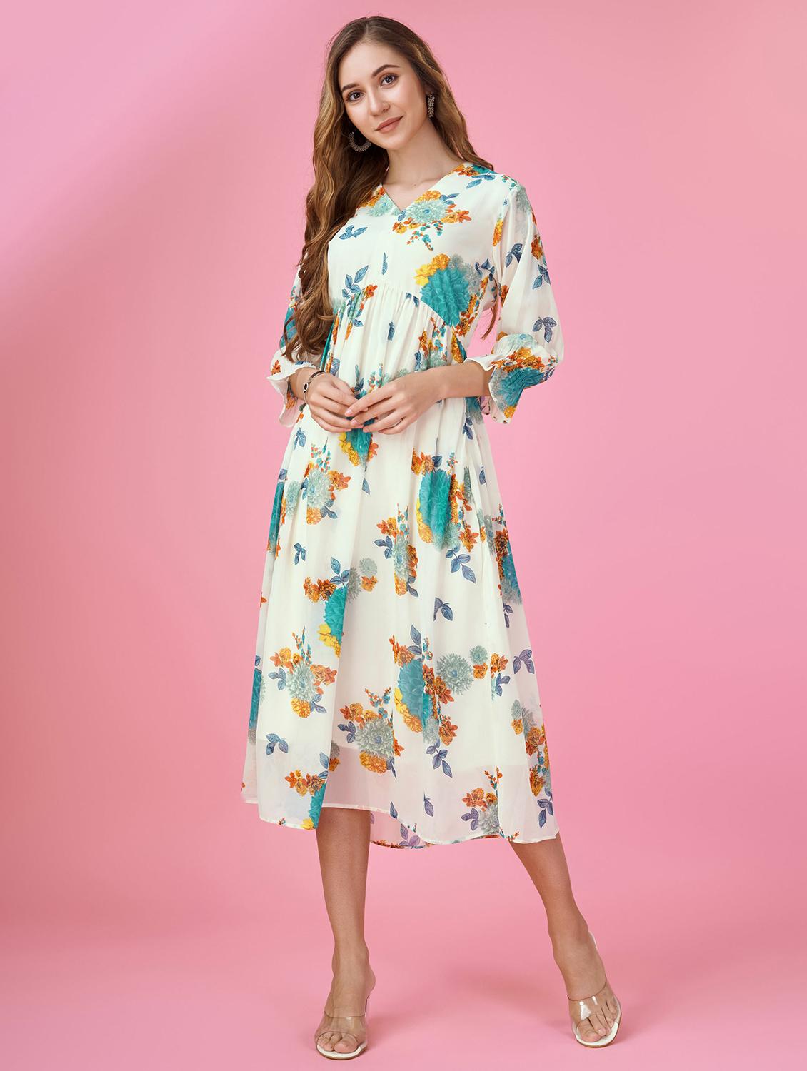 women white florals printed fit & flare dress - 20929919 -  Standard Image - 1