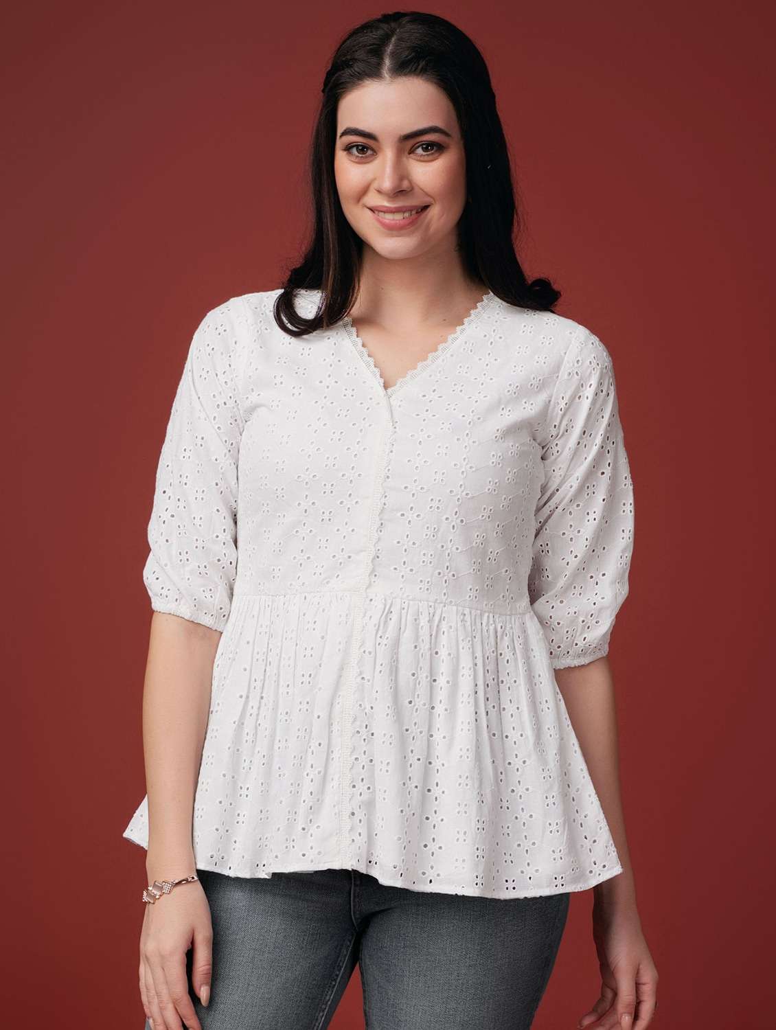 white self design detailed peplum top