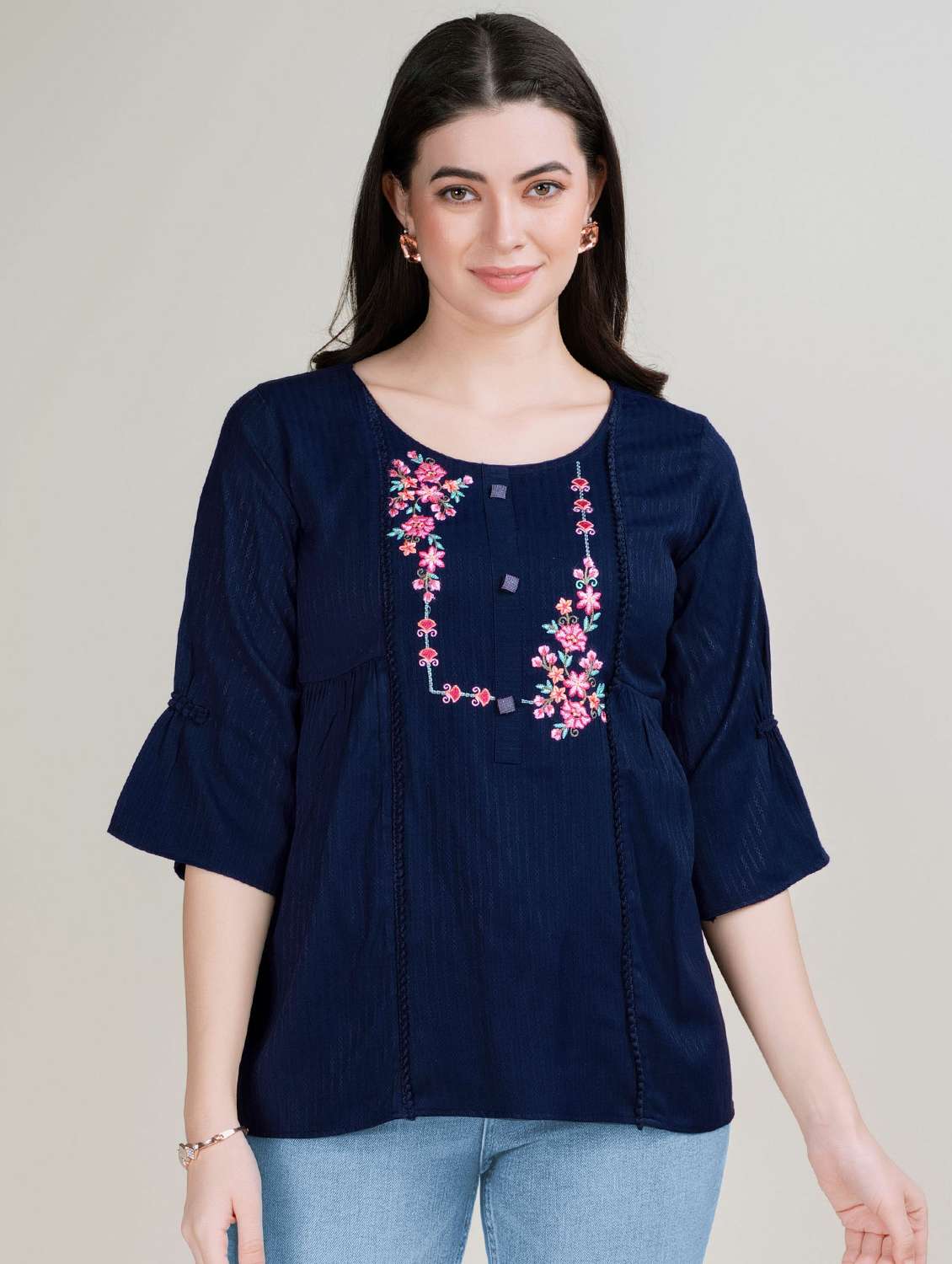 women navy blue round neck a-line top