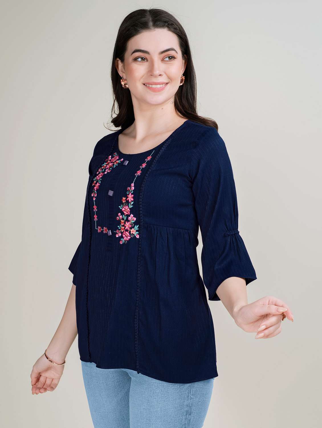 women navy blue round neck a-line top - 20929935 -  Standard Image - 1