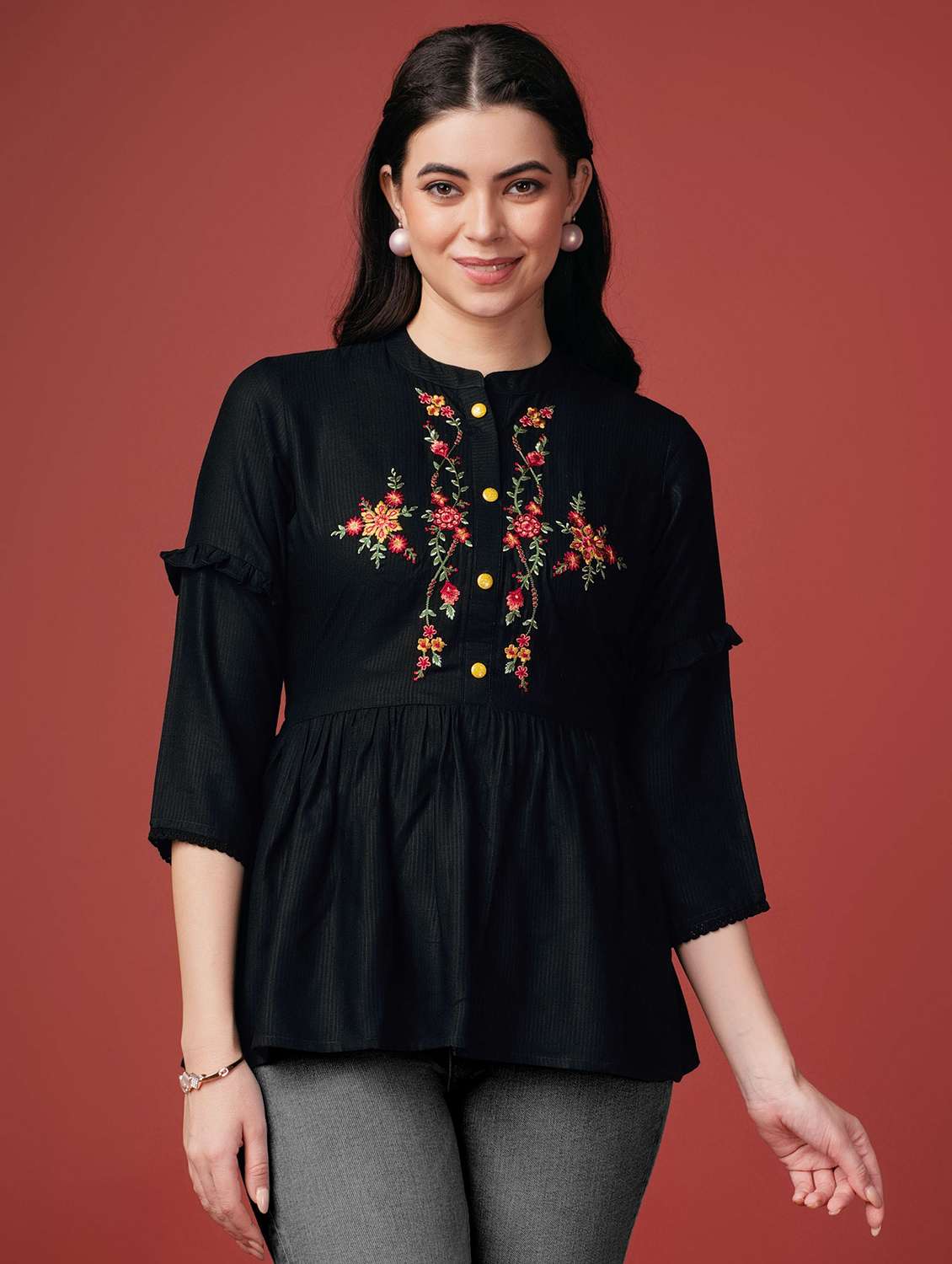 women black regular fit mandarin neck peplum top