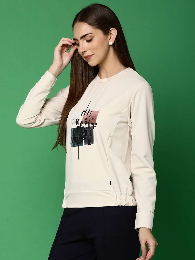 women cream graphic long sleeve pullover - 20930032 -  Standard Image - 1