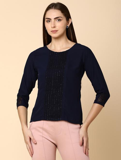navy blue detailed regular top - 20930049 -  Standard Image - 0
