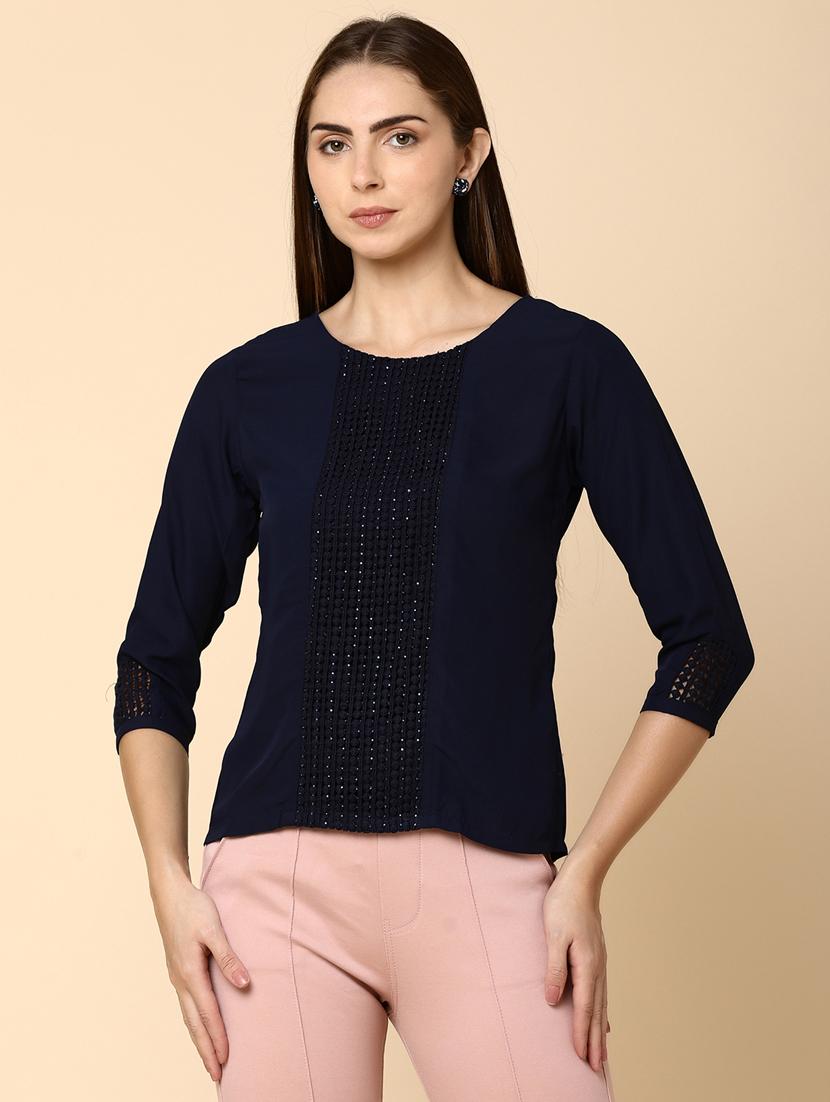 navy blue detailed regular top - 20930049 -  Zoom Image - 0