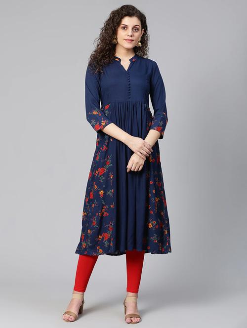 women navy blue floral printed flared kurta - 20930865 -  Standard Image - 0