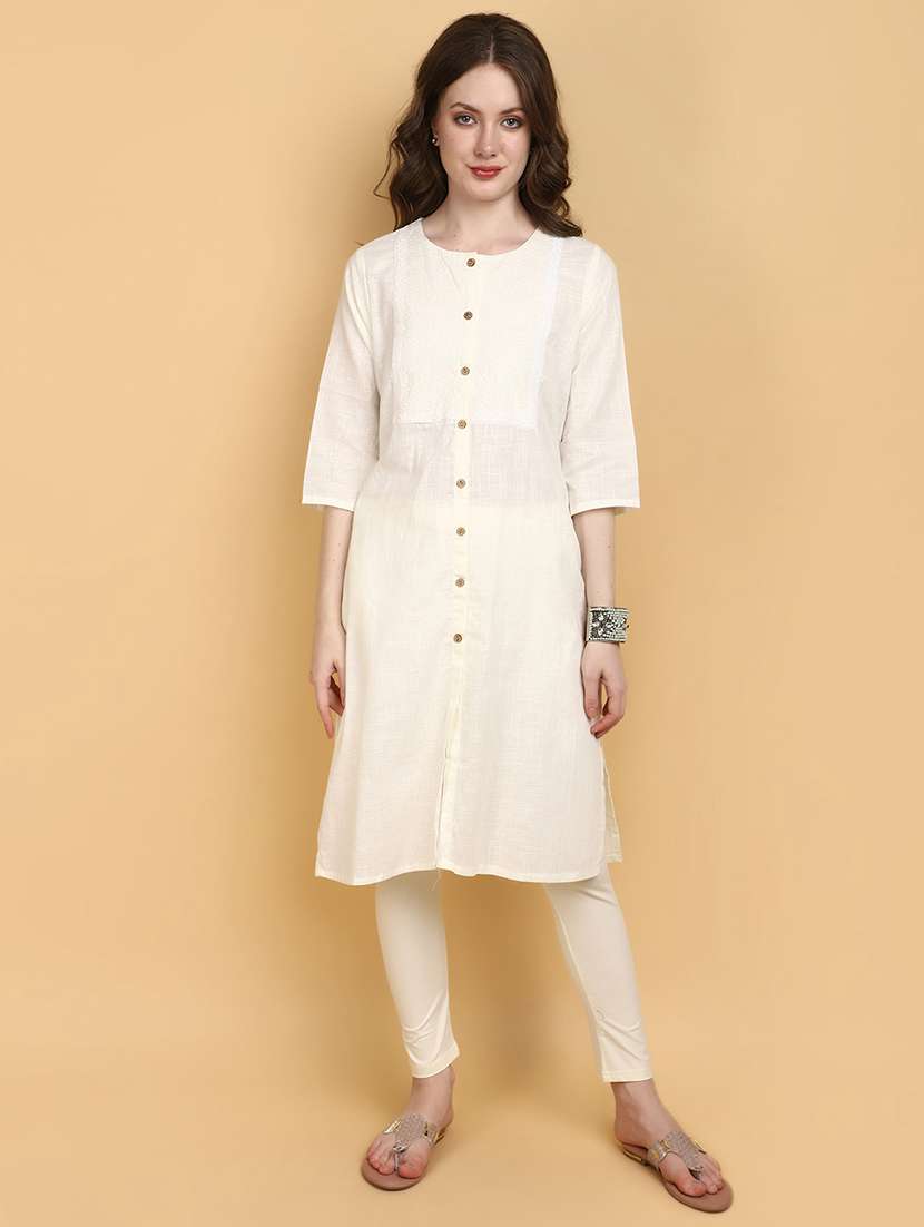 women off-white round neck straight kurta