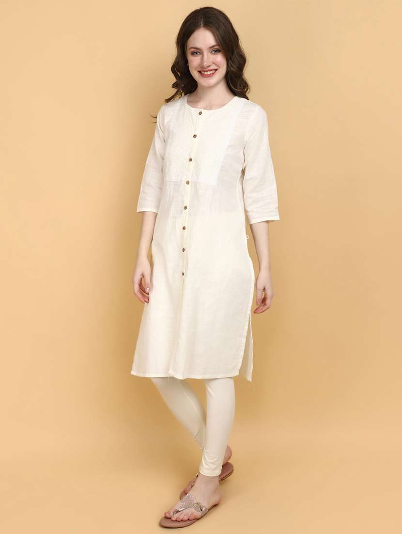 women off-white round neck straight kurta - 20934201 -  Standard Image - 1
