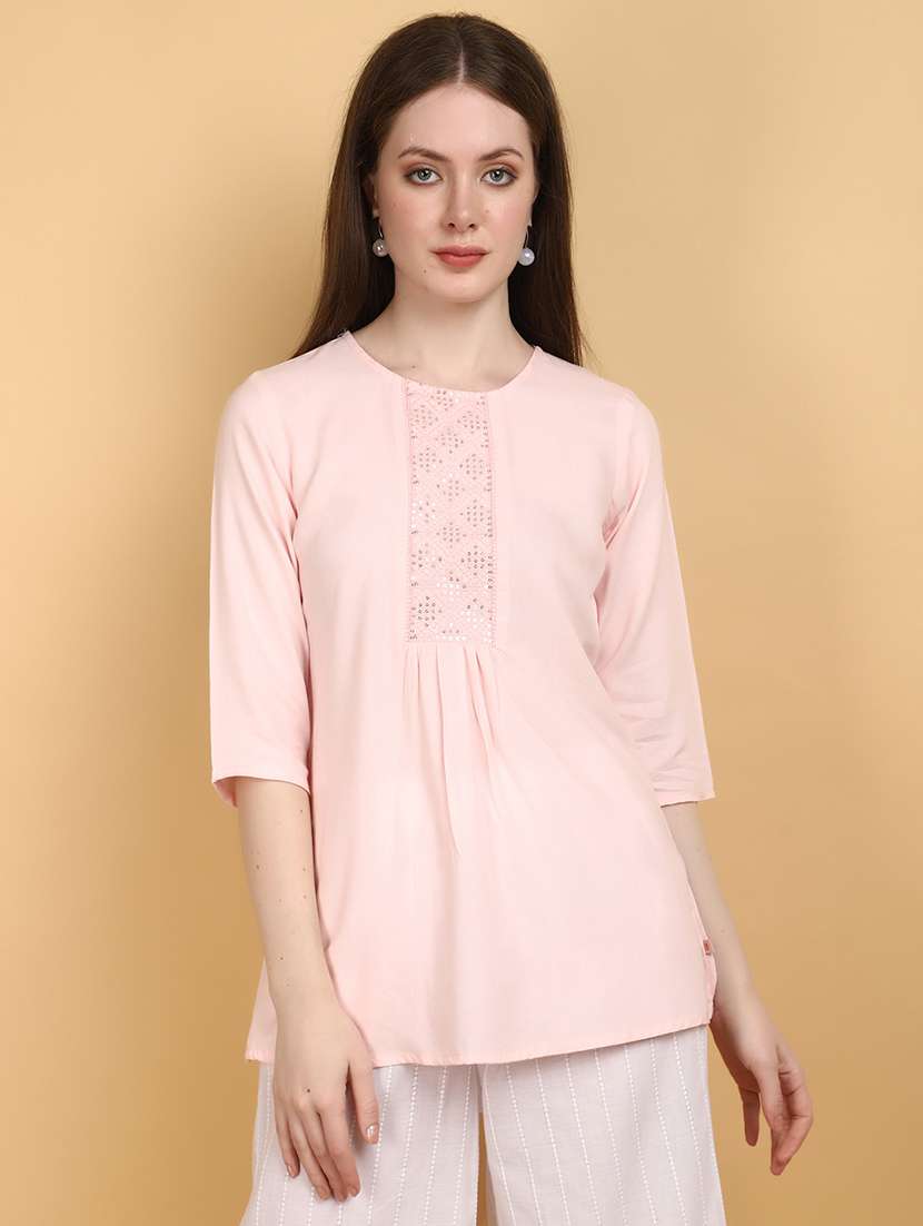 women pink round neck a-line kurti