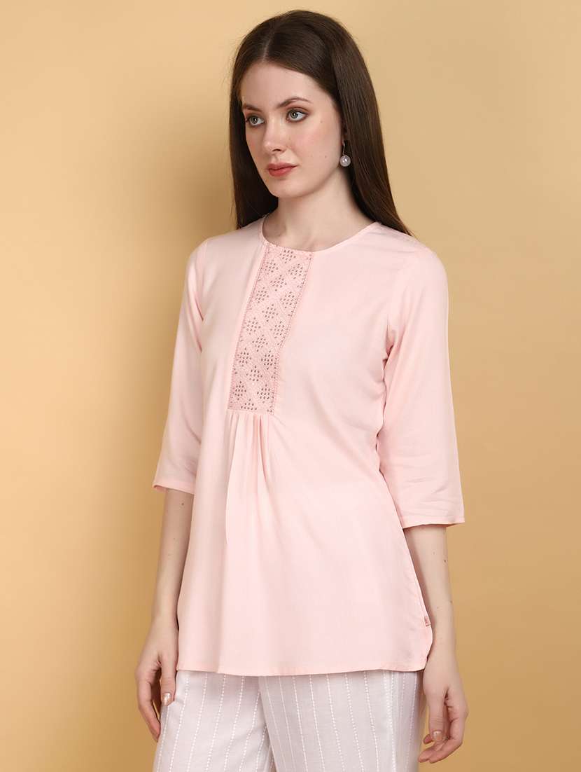 women pink round neck a-line kurti - 20934263 -  Standard Image - 1