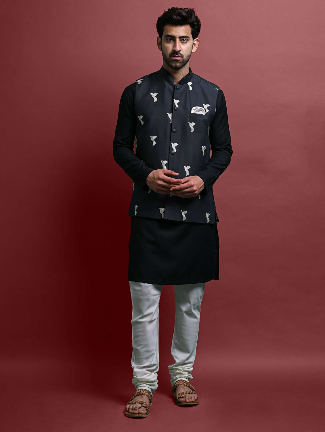 men's embroidered kurta churidar with jacket set