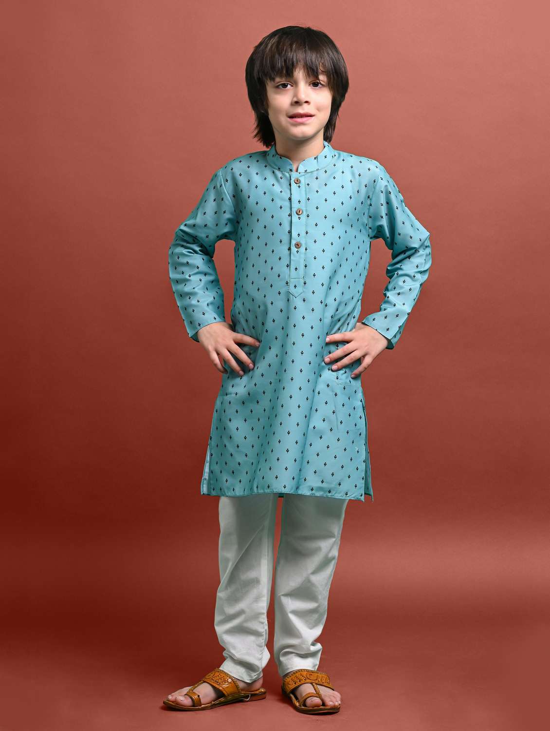 boys printed long sleeve kurta bottom set