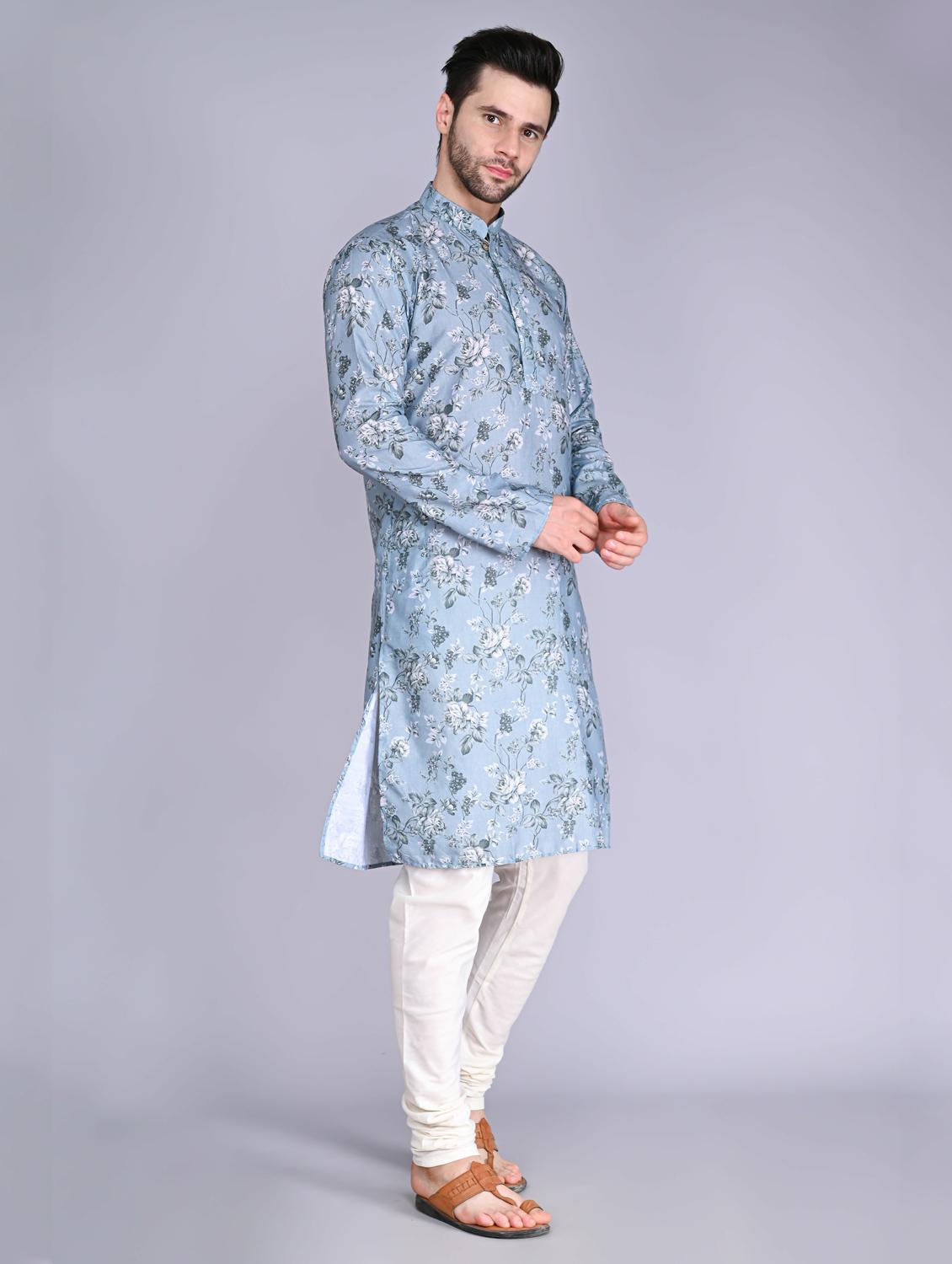 men floral print mandarin neck kurta - 20943629 - Standard Image - 1