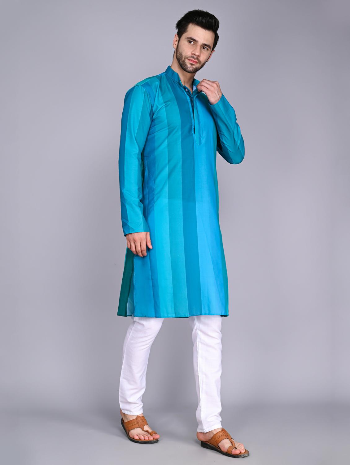 men blue mandarin neck long sleeves kurta - 20943657 - Standard Image - 1