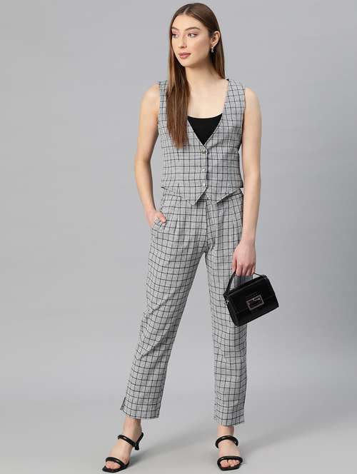 women grey cotton top pants set formal suit