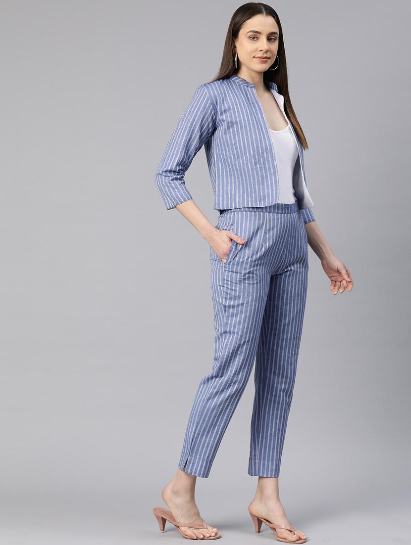 women blue stripes three quarter sleeve formal suit set - 20945236 -  Standard Image - 1
