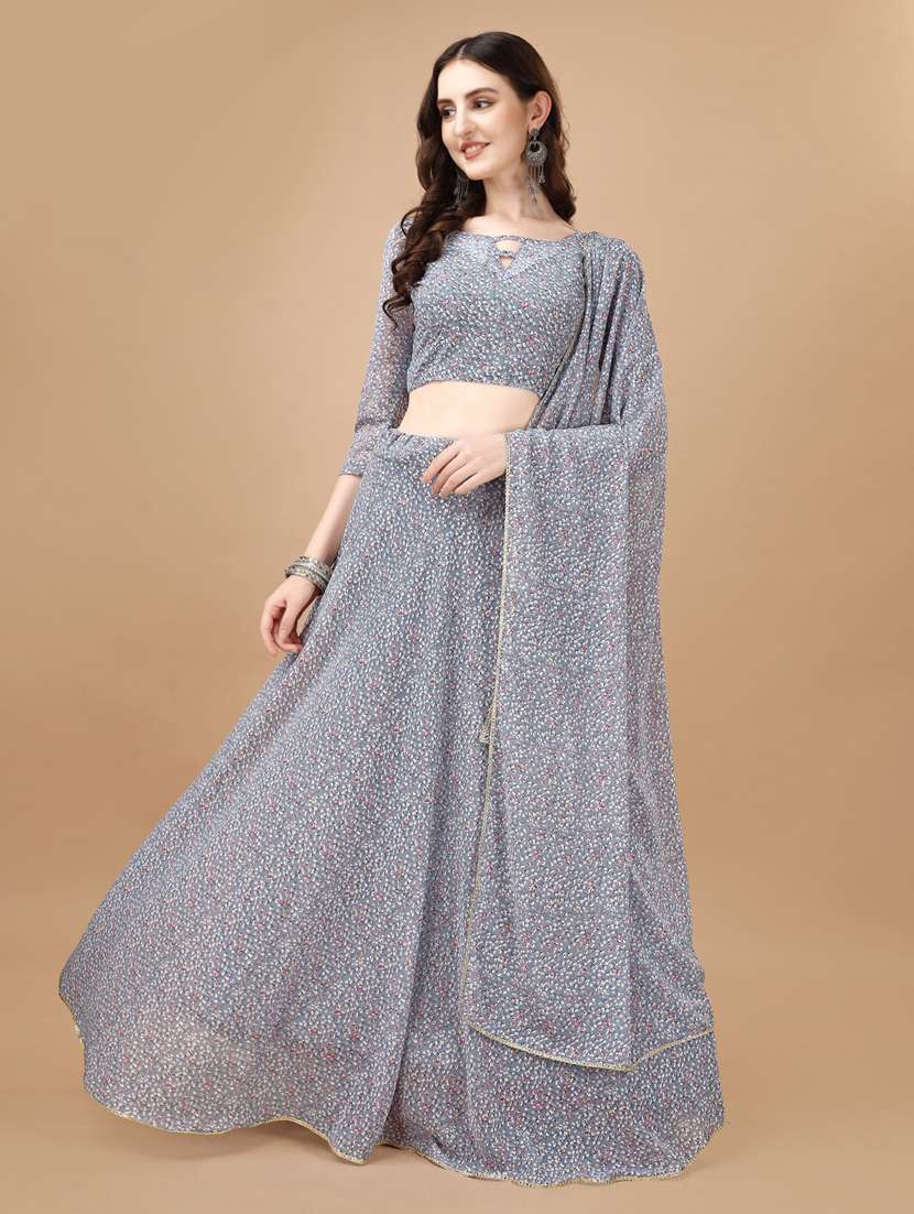 women grey flared lehenga choli with dupatta