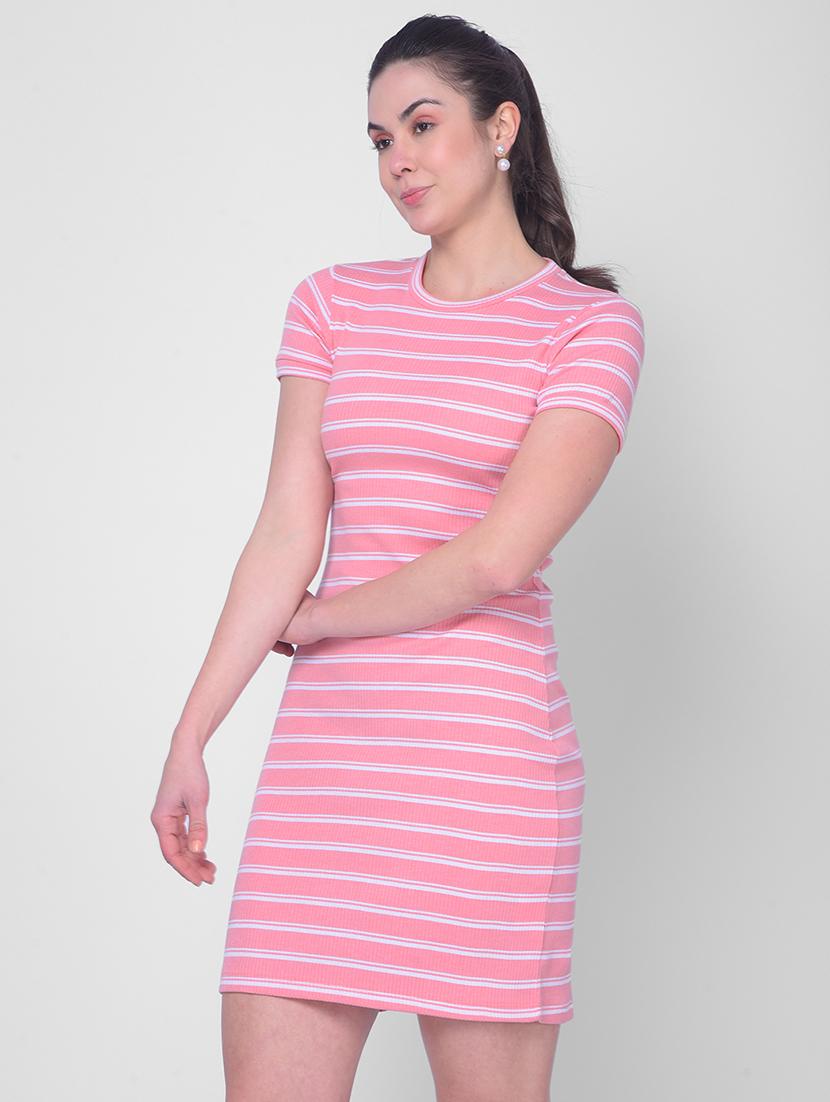 women round neck stripes mini bodycon dress - 20946289 - Standard Image - 1