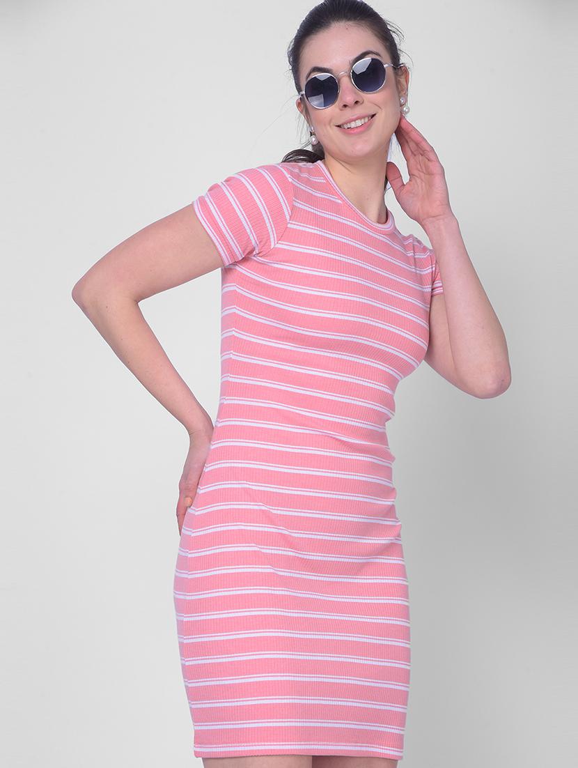 women round neck stripes mini bodycon dress - 20946289 - Standard Image - 4