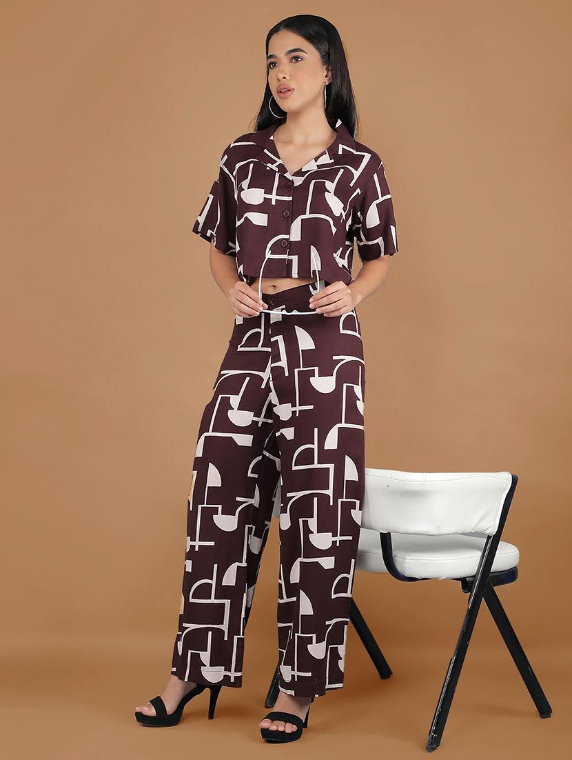 crimsoune club women's brown printed linen co-ord sets - 20946311 - Standard Image - 4