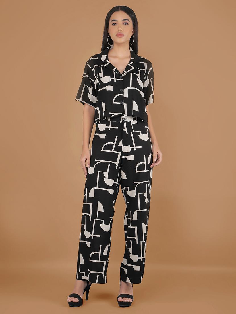 crimsoune club women's black printed linen co-ord sets - 20946312 - Standard Image - 1