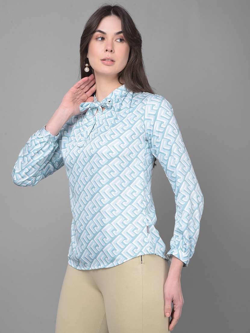 women printed tie up neck puff sleeves top