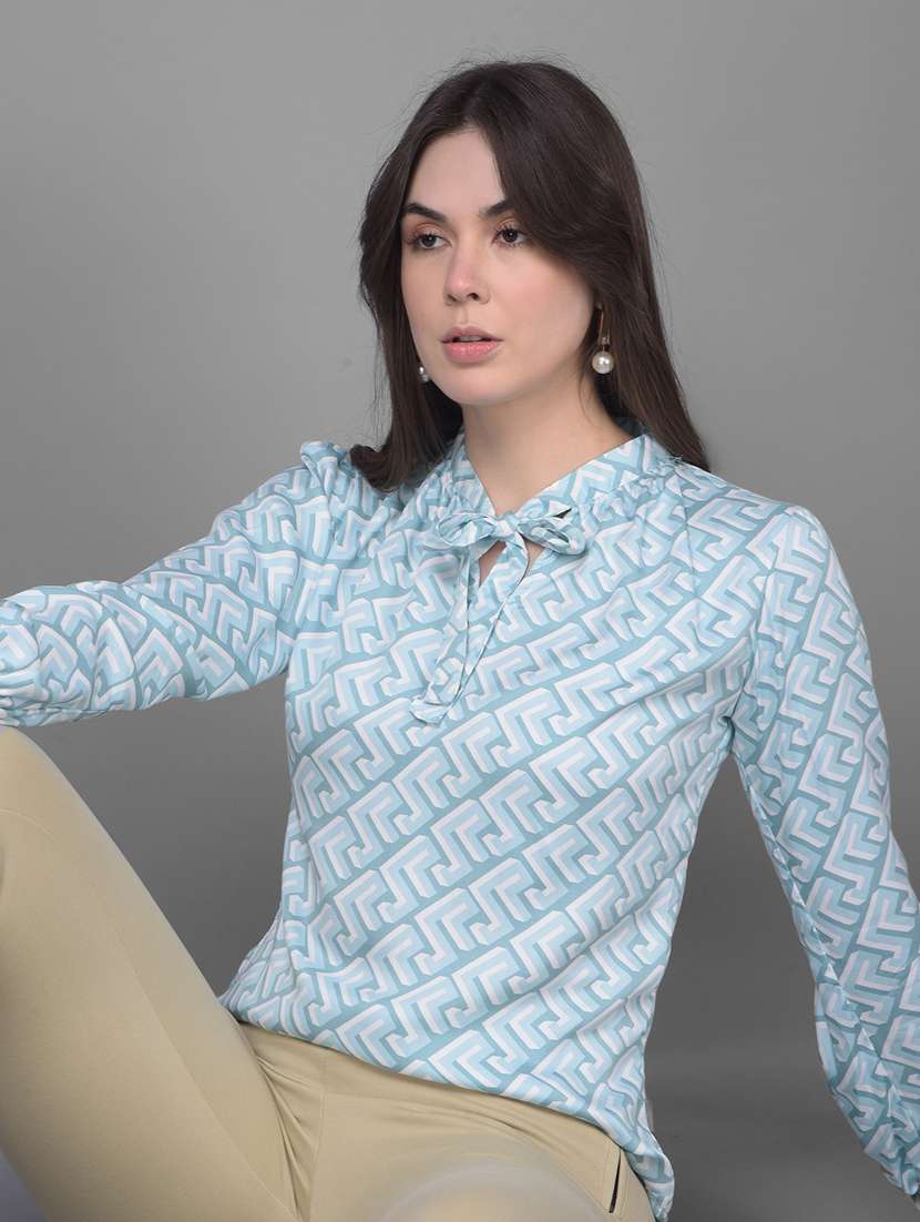 women printed tie up neck puff sleeves top - 20946333 - Standard Image - 1